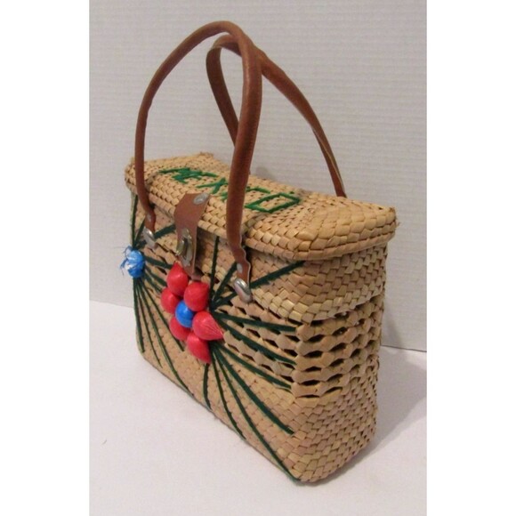 Vintage Mexican Woven Straw Purse Raffia Flowers Leather Straps Basket Box - Picture 4 of 10